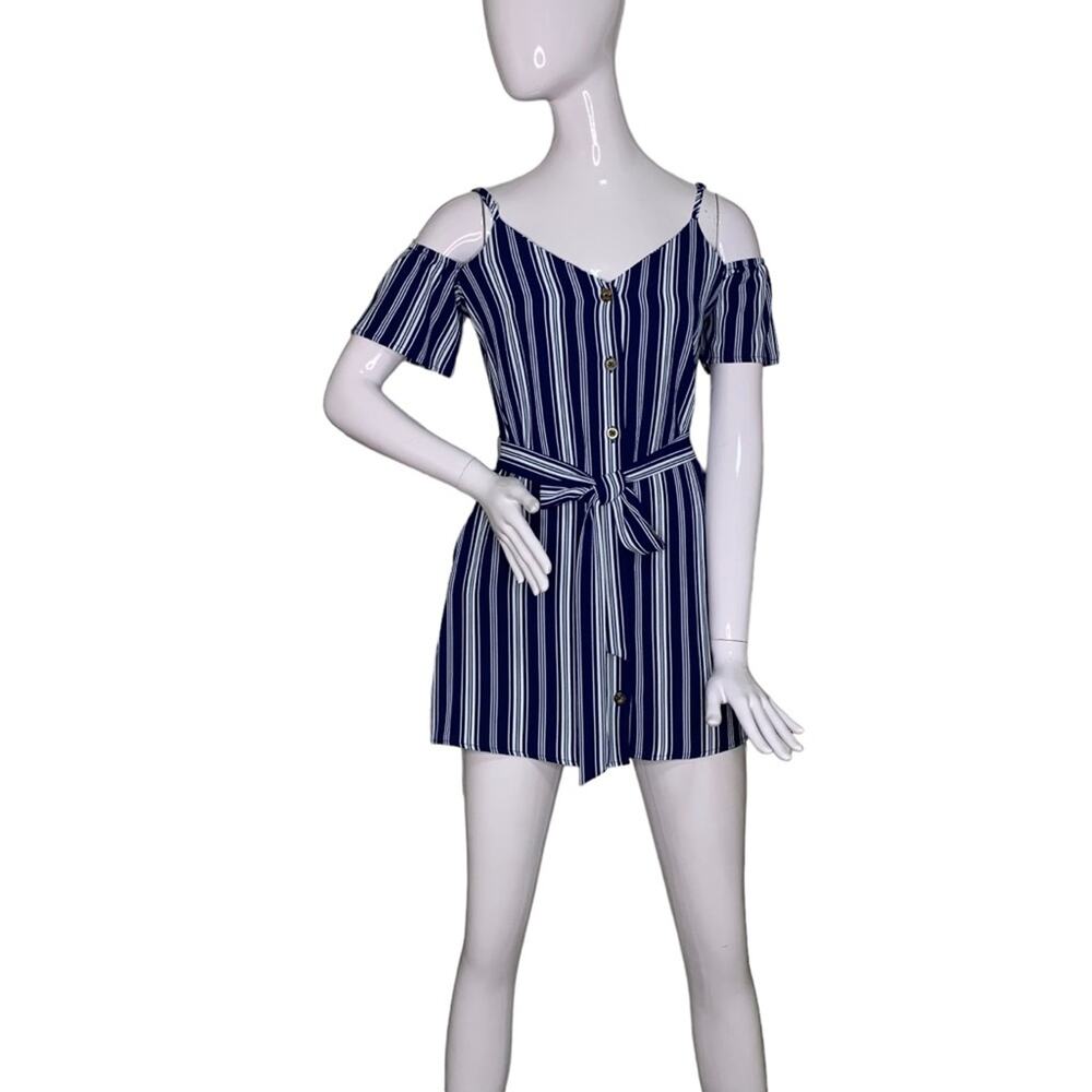 Speechless Mini Dress Cold Shoulder Striped Blue and White Pockets Size XS